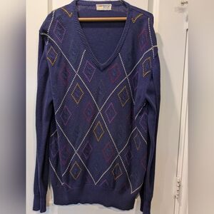Pringle of Scotland Blue Argyle V-Neck Sweater Cotton Knit Size L Vintage